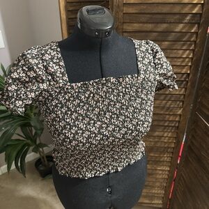 Blush Pink and Black Floral Smocked Blouse